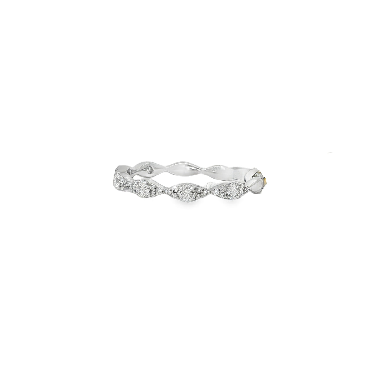 Angled view of linked marquise-shaped diamond motifs on a white gold band