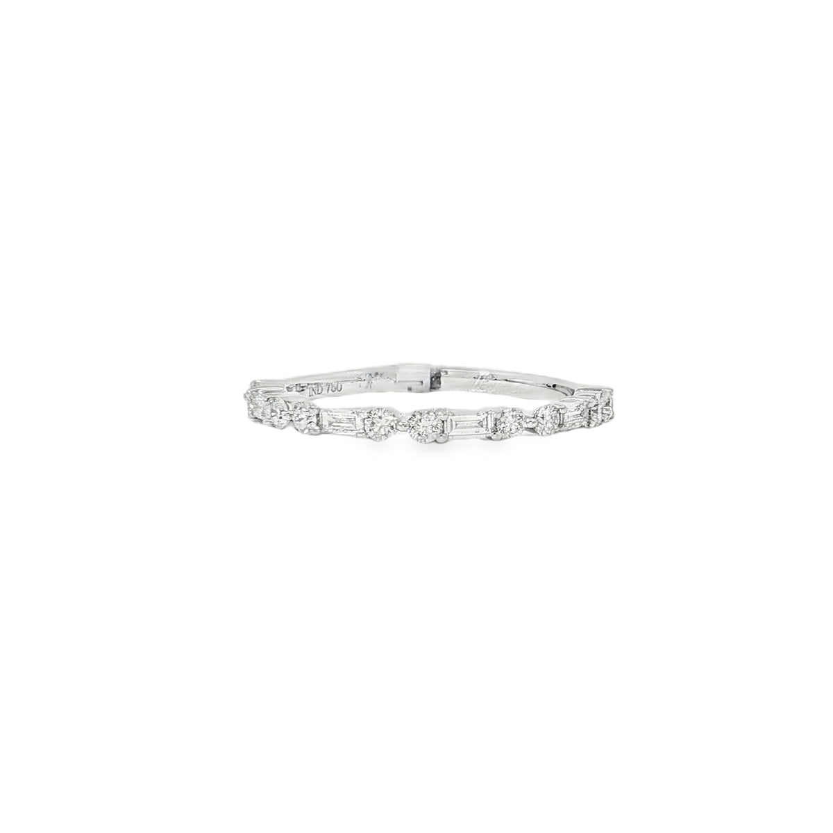 White gold band ring alternating horizontal baguette diamonds and round diamond clusters