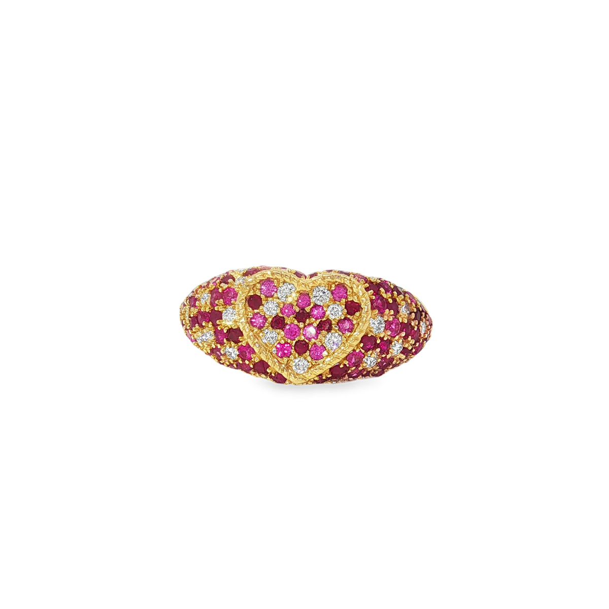 Yellow gold heart ring covered with pink sapphires, rubies and round diamond accents