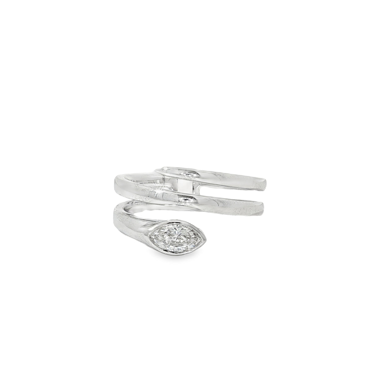 White gold three-turn coil ring with a marquise diamond at its open end