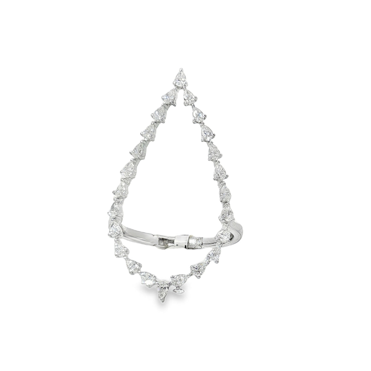 White gold ring with pear diamonds tracing a tall open teardrop outline