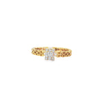 Yellow gold woven-pattern ring with rectangular baguette and round diamond cluster