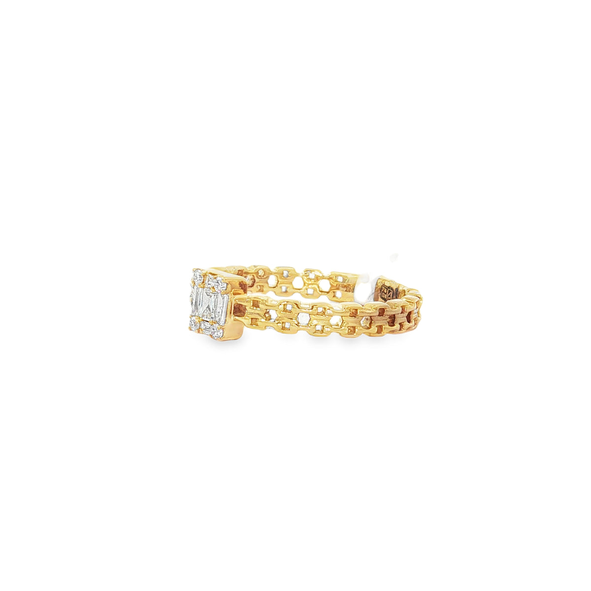 Angled view of yellow gold diamond cluster ring showing open woven-pattern band