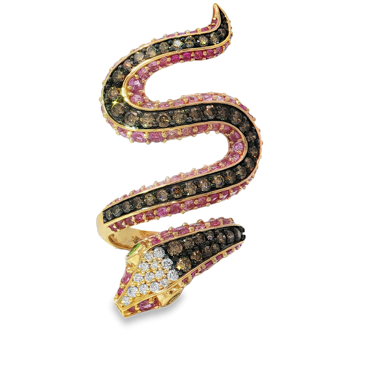Yellow gold snake ring with pink sapphires, tsavorites and a diamond-accented head