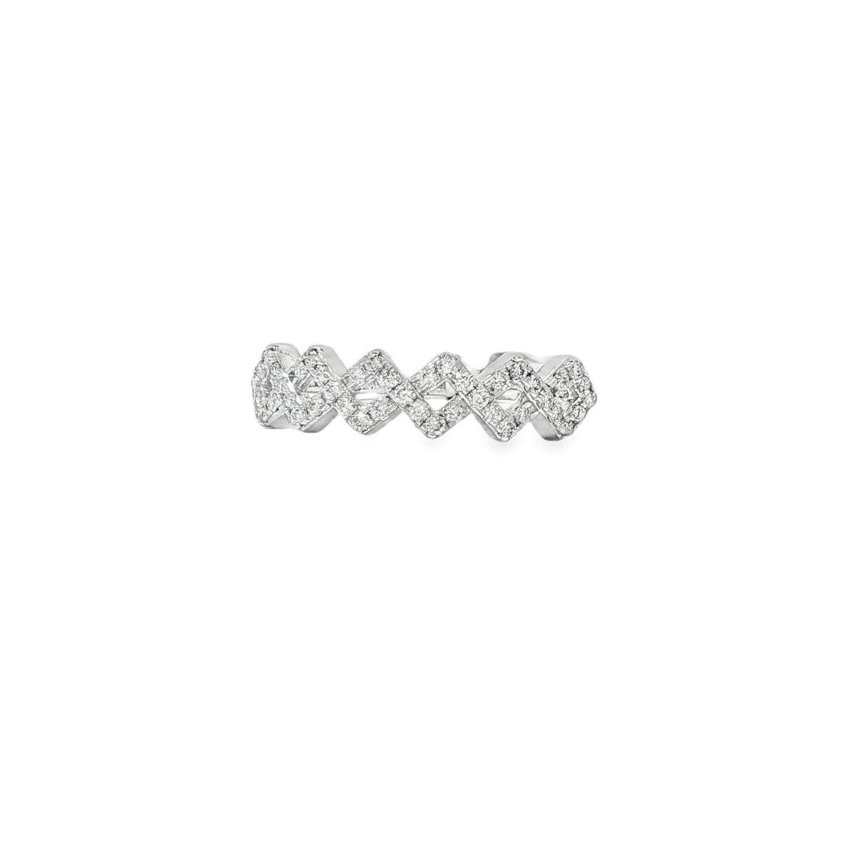 White gold ring with overlapping open square links outlined in round diamonds