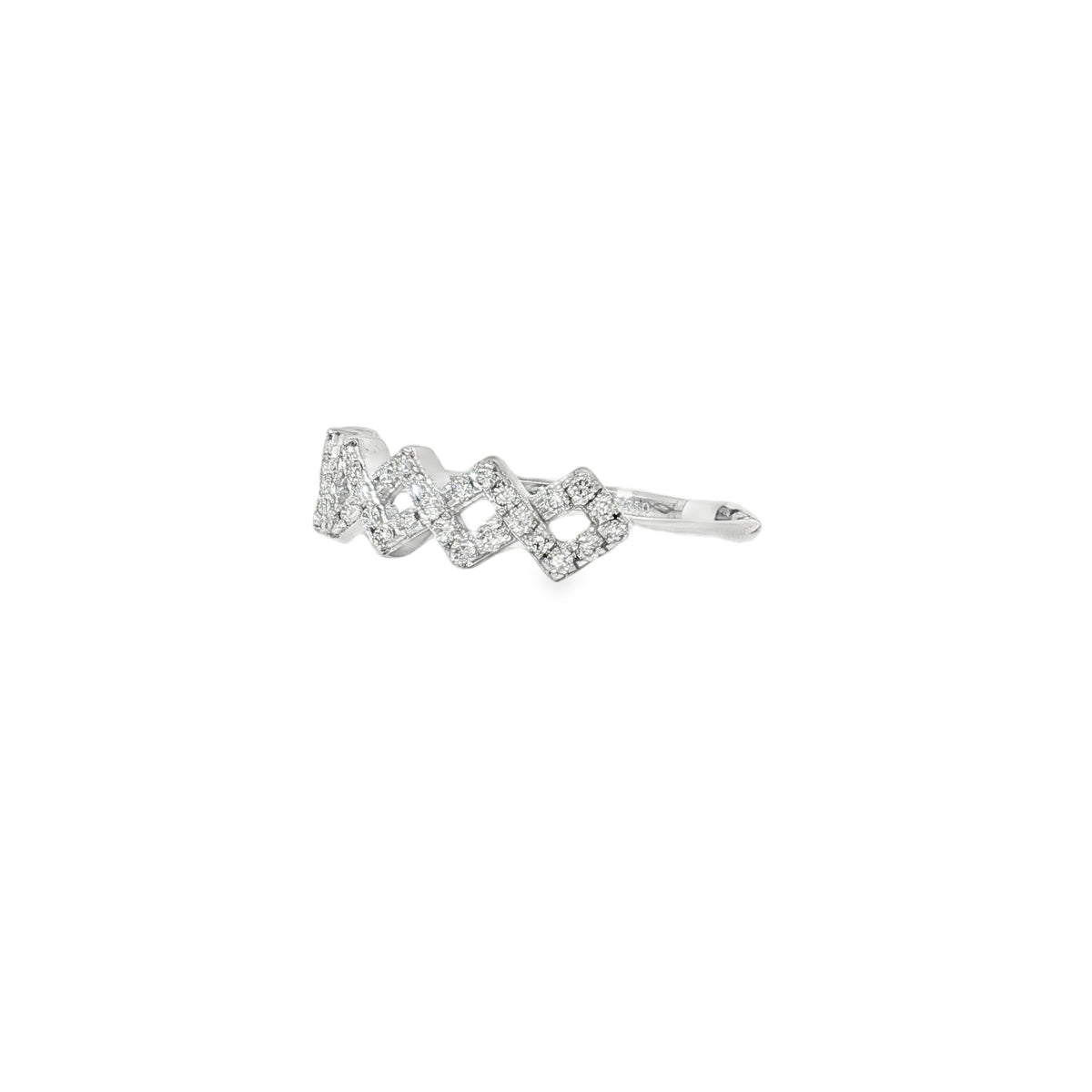 Angled view of linked diamond-set square frames above the white gold ring band