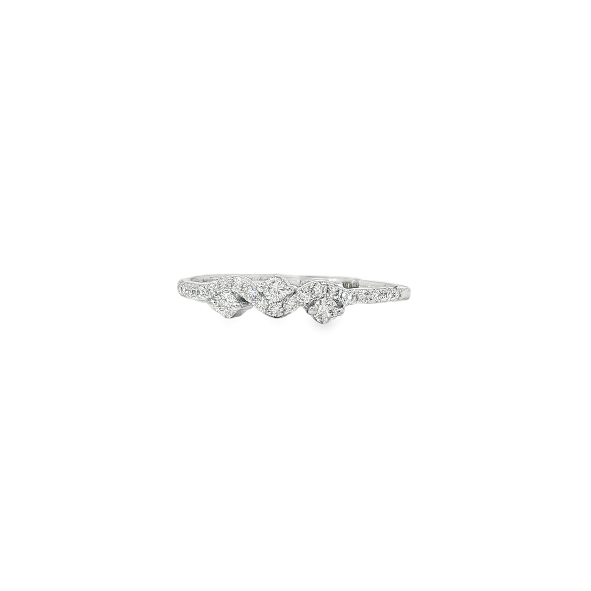 White gold wave band ring with three offset round diamond clusters