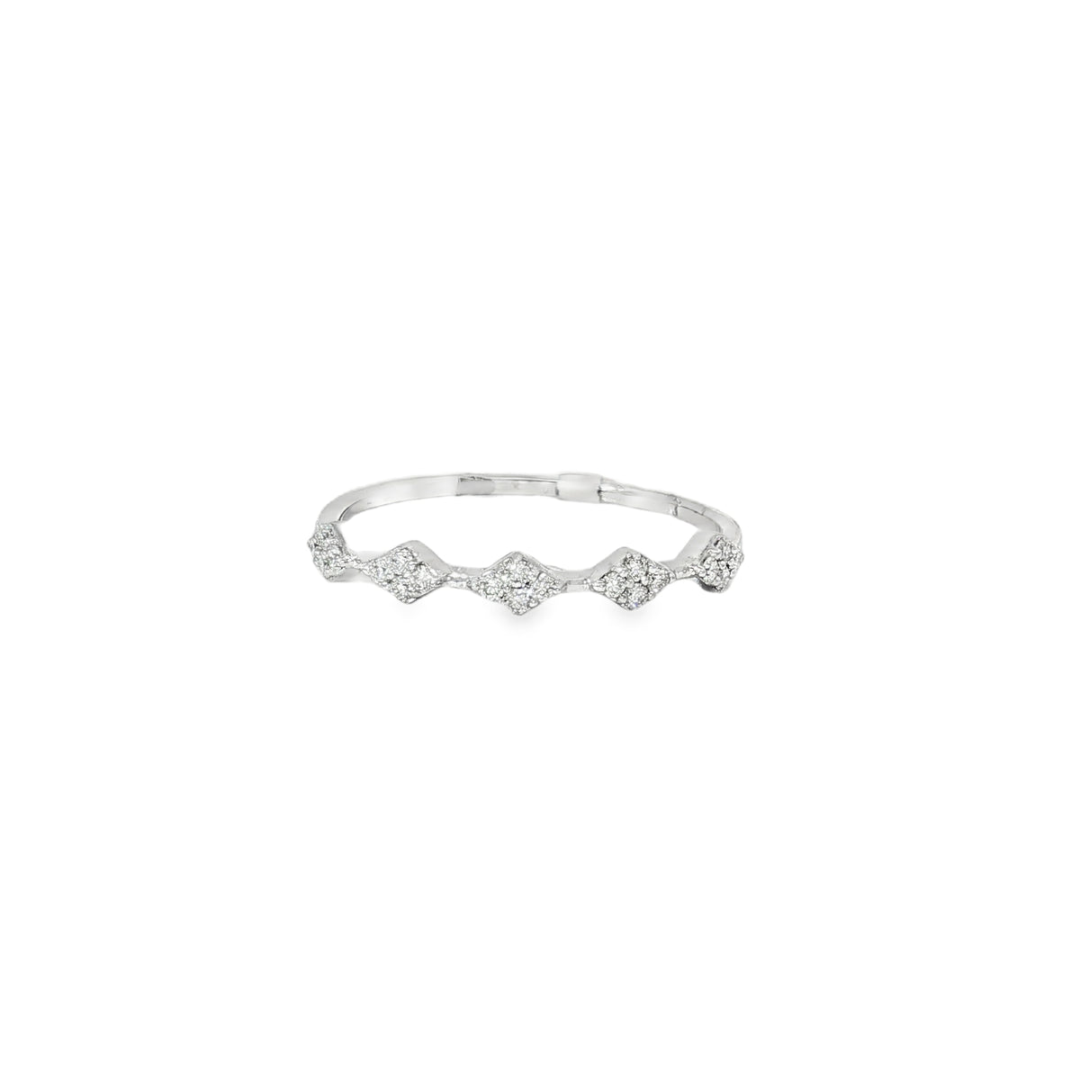 White gold ring with small diamond-set lozenge stations joined by slender polished sections