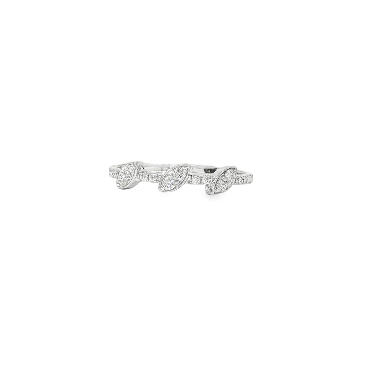 White gold diamond band ring with three slanted diamond-set leaf motifs