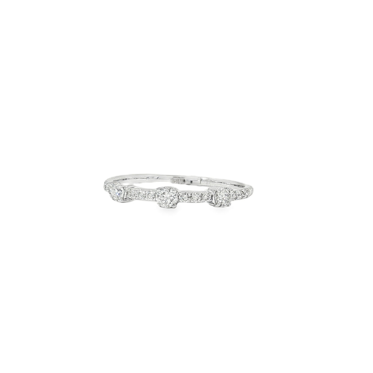 White gold diamond band ring with spaced round diamond rosette stations