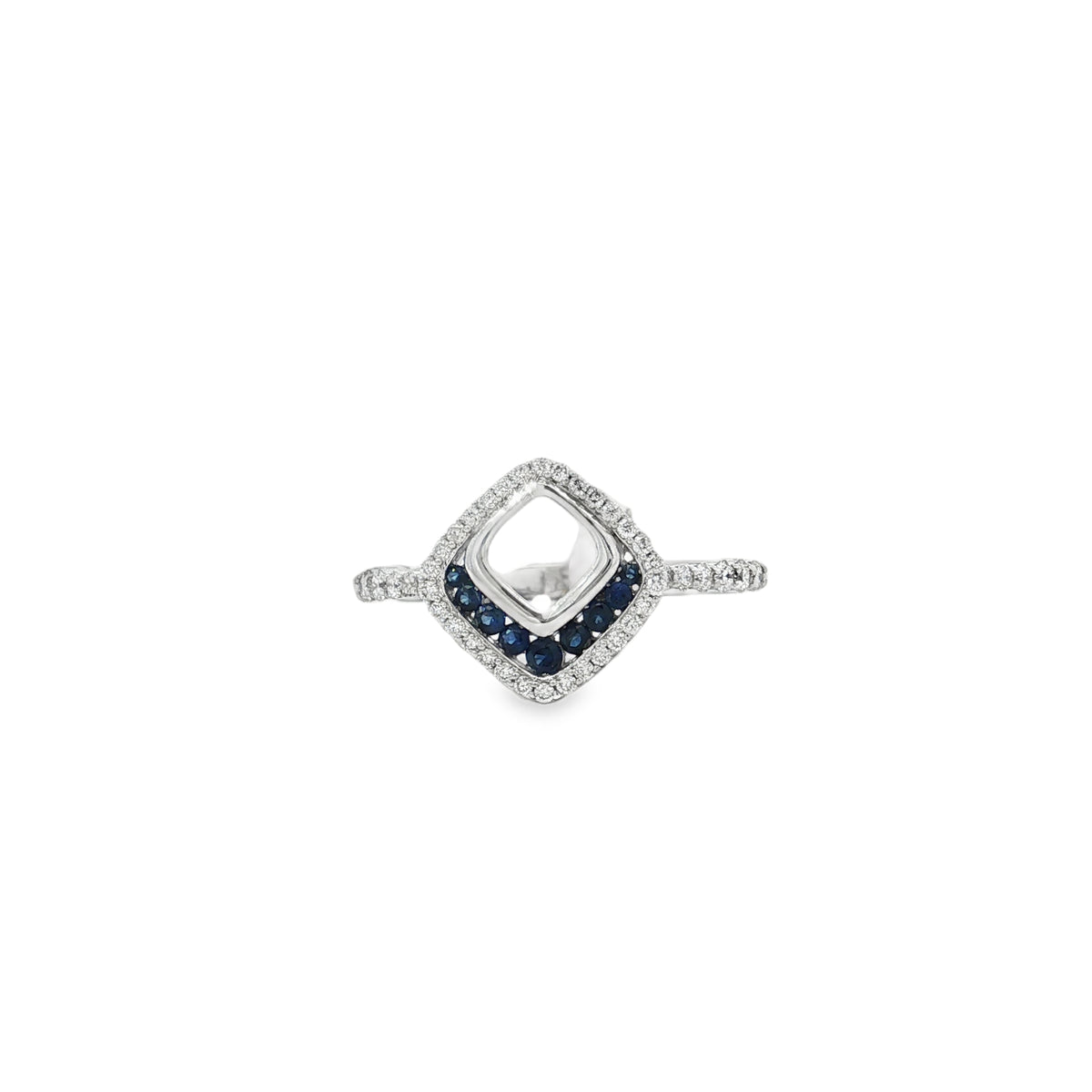 White gold open-lozenge ring with sapphire arc inside a diamond frame