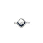 White gold open-lozenge ring with sapphire arc inside a diamond frame