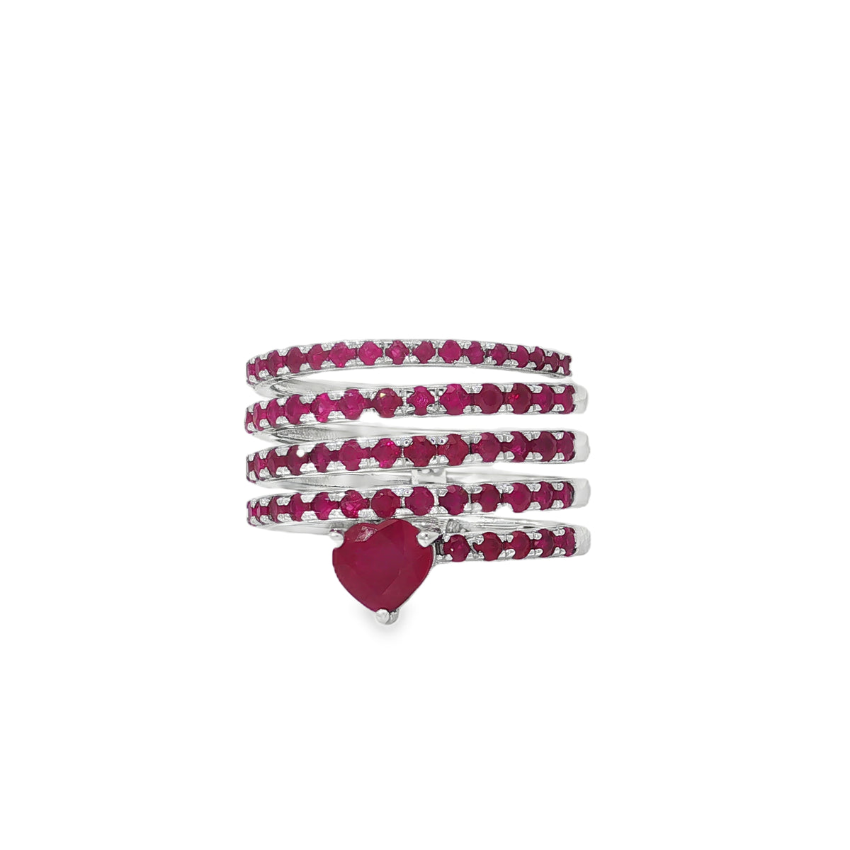 White gold five-row ruby wrap ring with a heart-shaped ruby at the lower edge