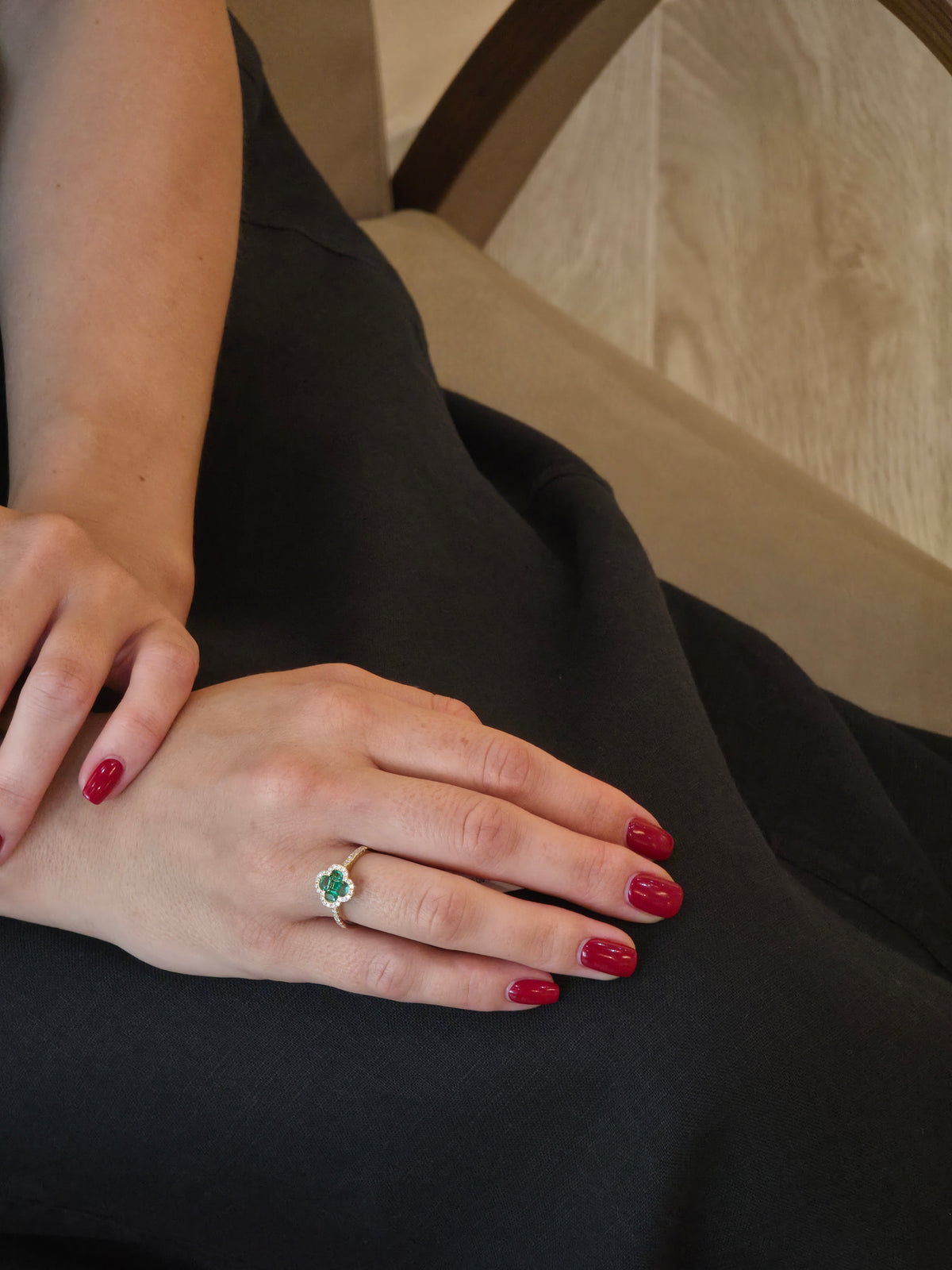 Beautiful Rose Style Emerald Halo Yellow Ring - additional view
