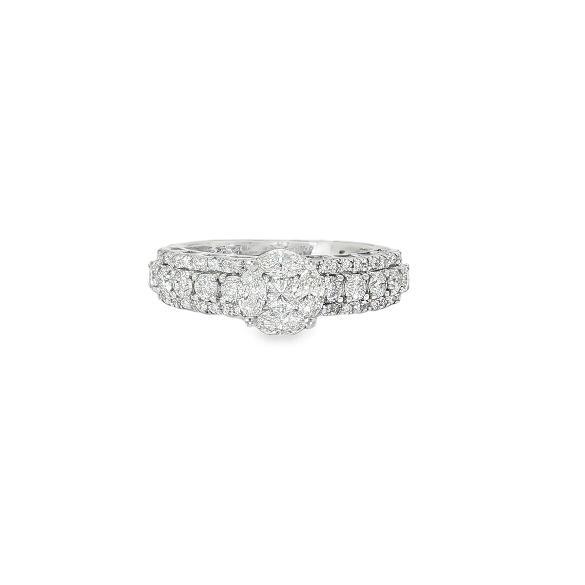 White gold broad diamond ring with raised mixed-cut cluster and diamond-framed shoulders
