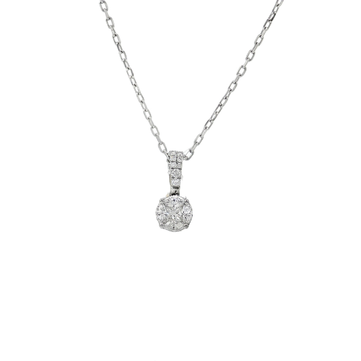 White gold pendant with rounded mixed-cut diamond cluster and diamond-set bail