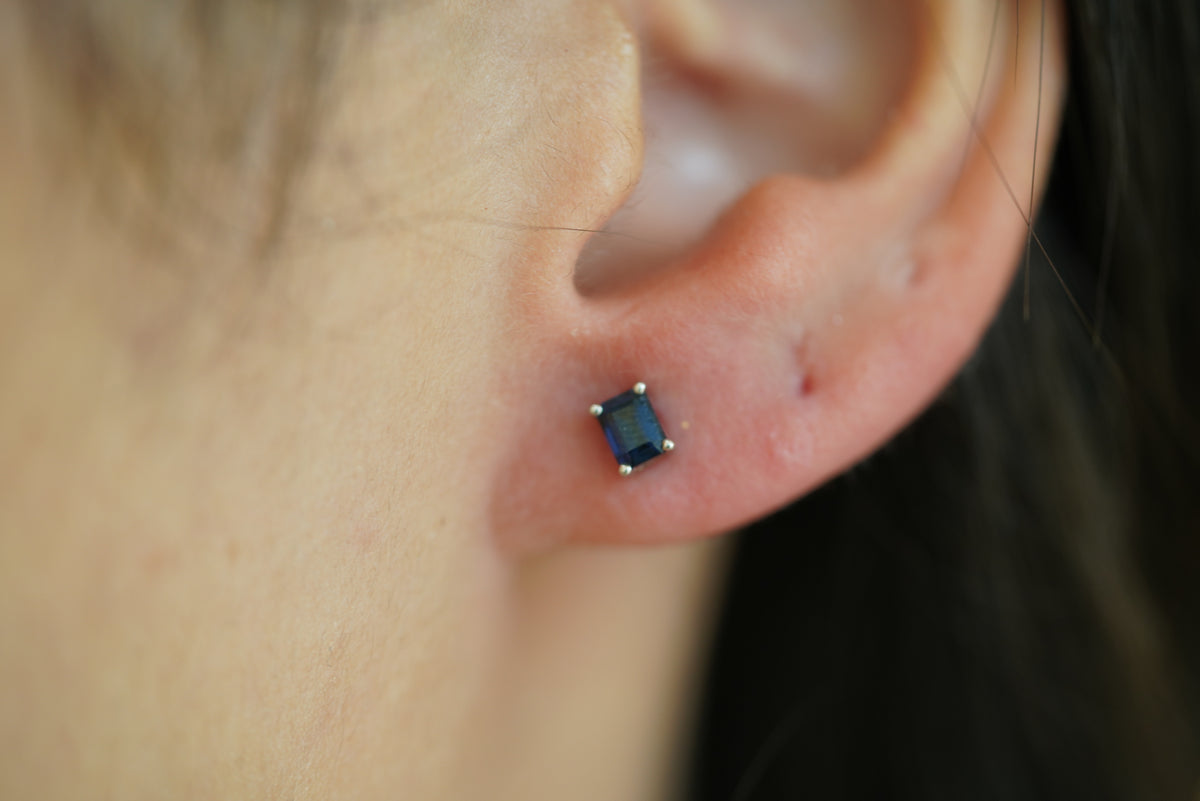 Classic Blue Sapphire Rectangular Stud Earrings - additional view