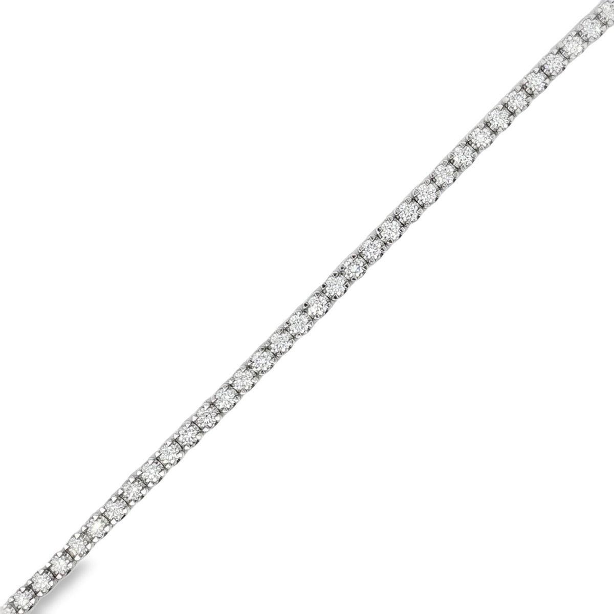 White gold tennis bracelet with closely spaced round diamonds in a single row
