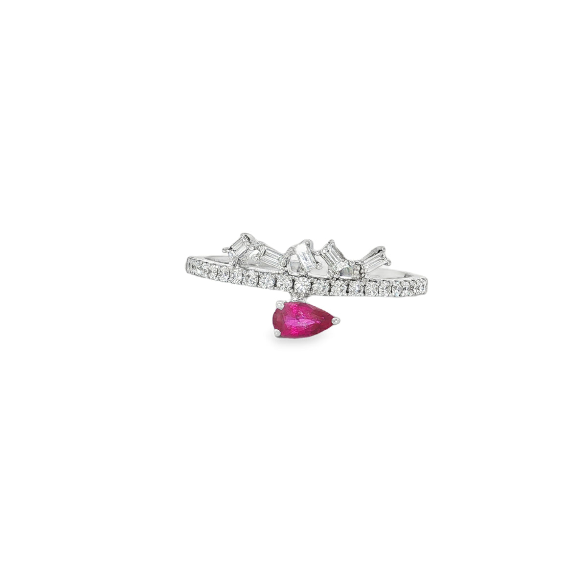 White gold ring with sideways pear ruby beneath a crown of angled baguette diamonds