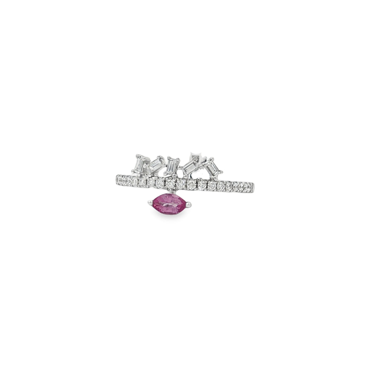 White gold ring with oval pink sapphire and an open baguette diamond crown