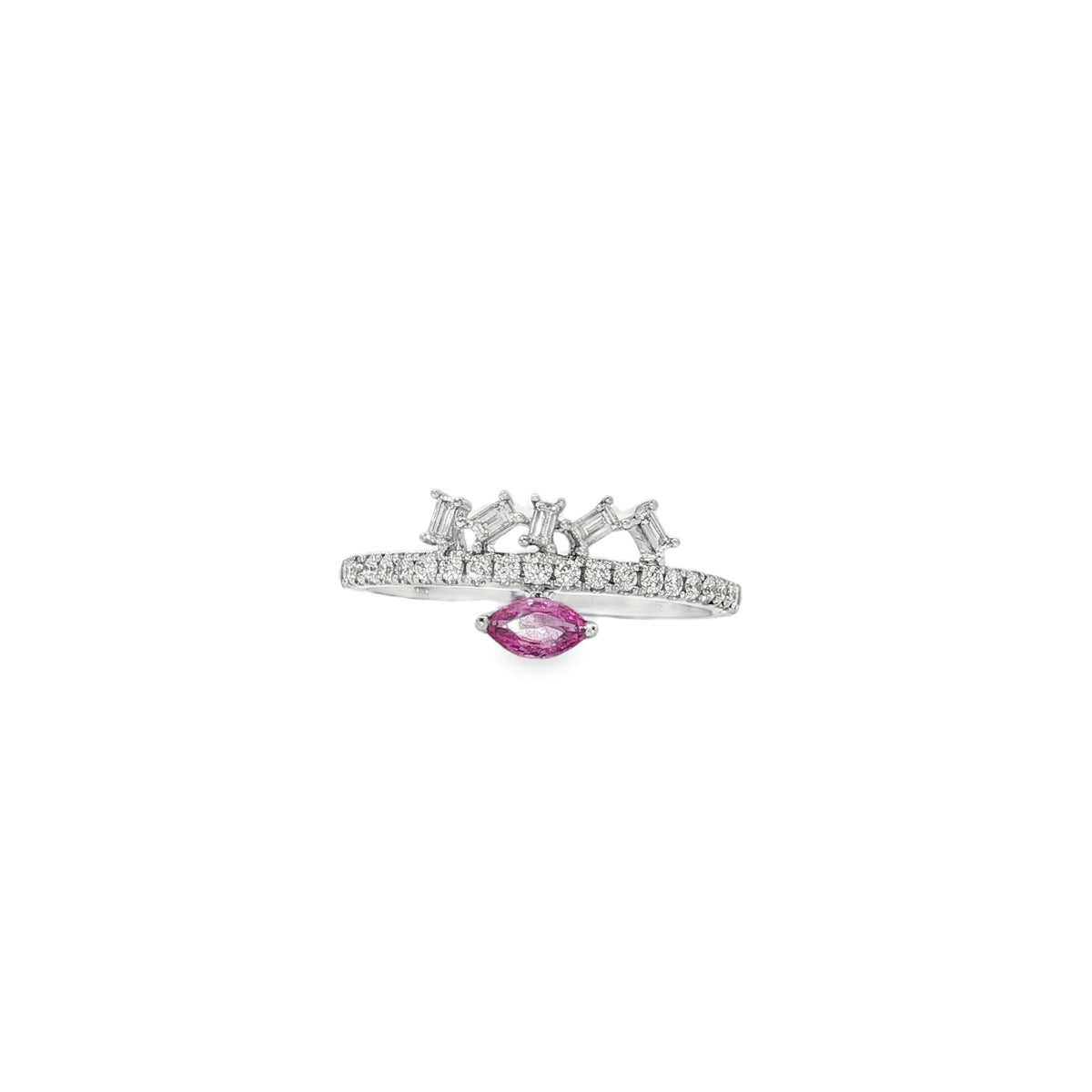 White gold ring with marquise-shaped pink sapphire and angled baguette diamond crown