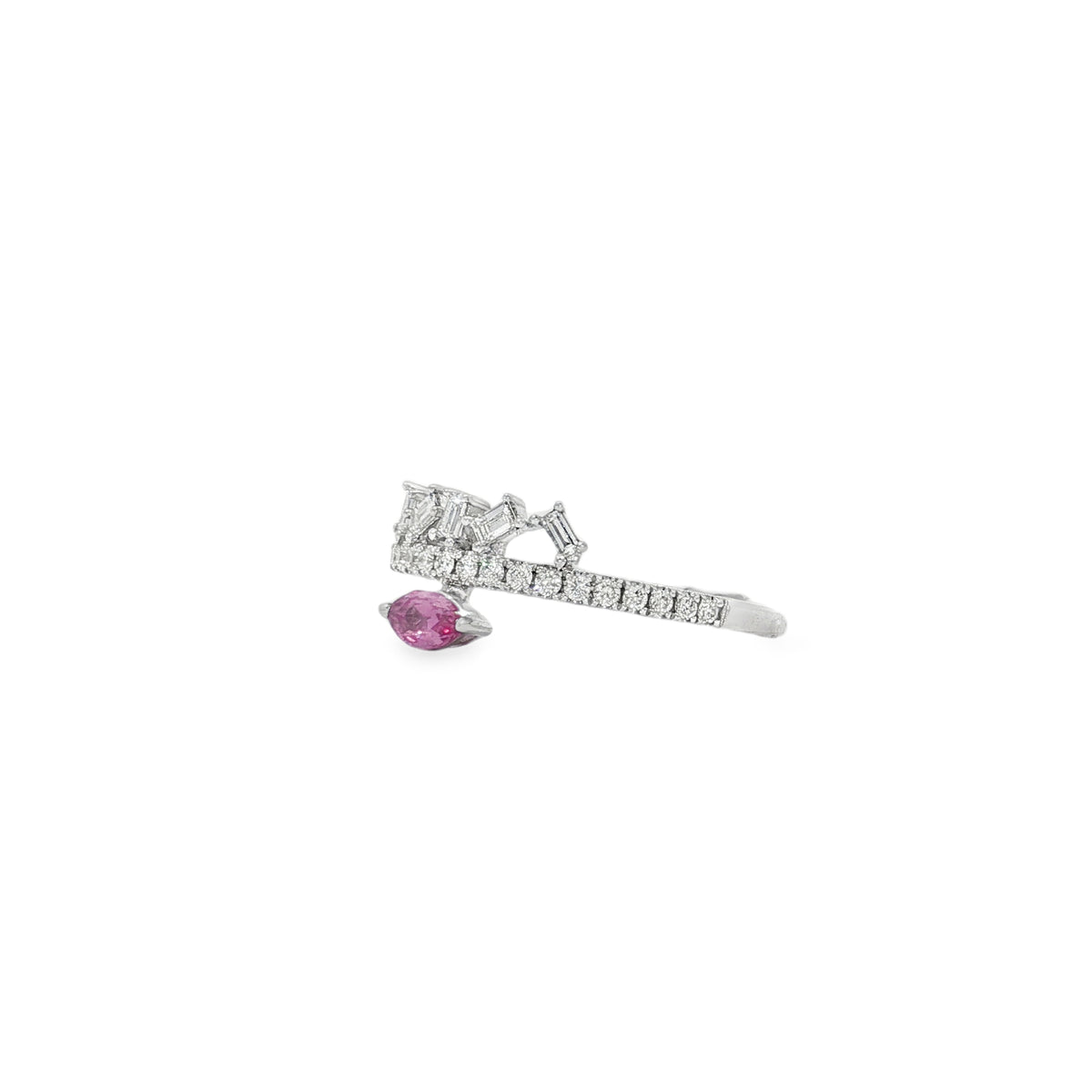 Angled view of marquise pink sapphire crown ring showing the setting below the diamond band