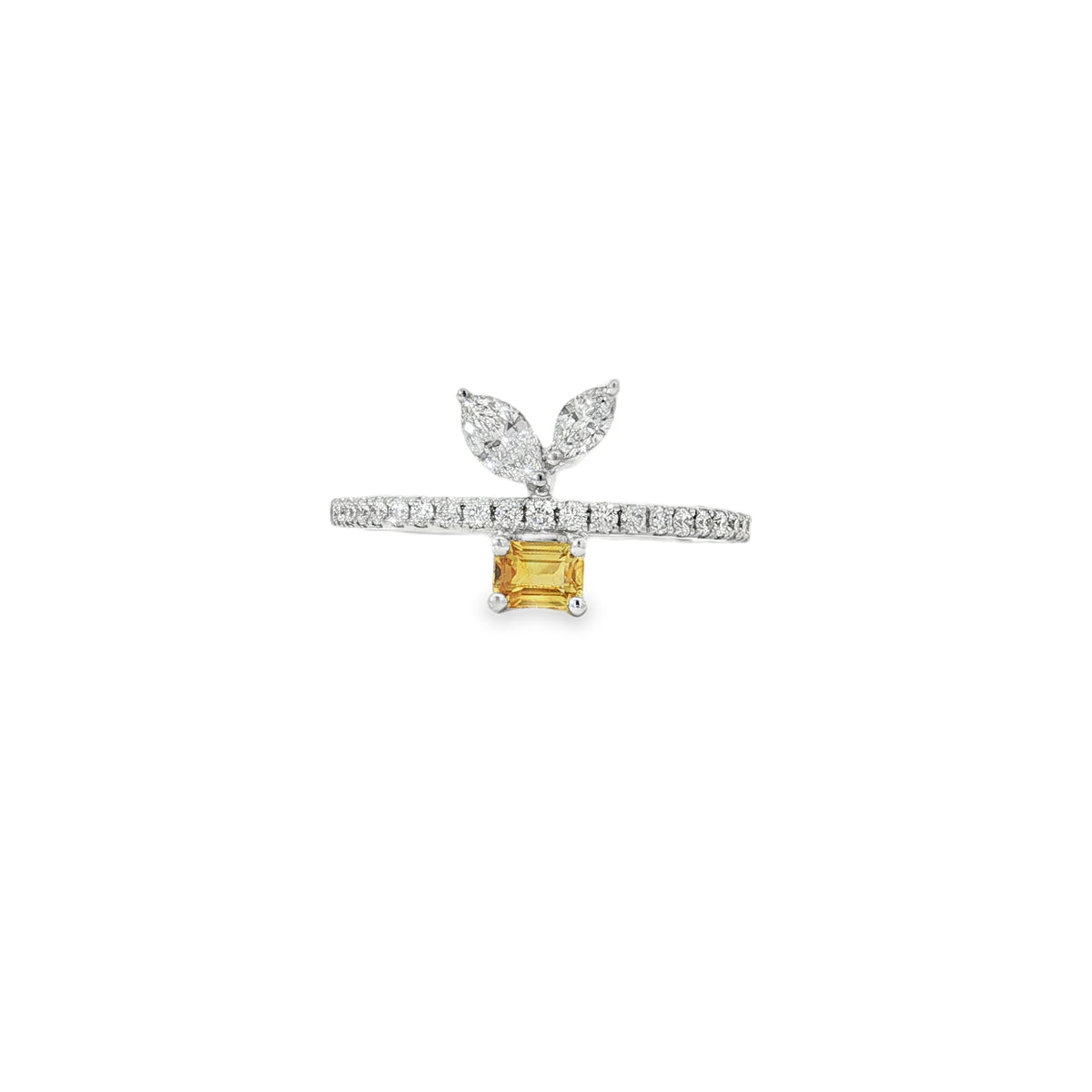 White gold ring with square orange sapphire below two marquise diamond leaves