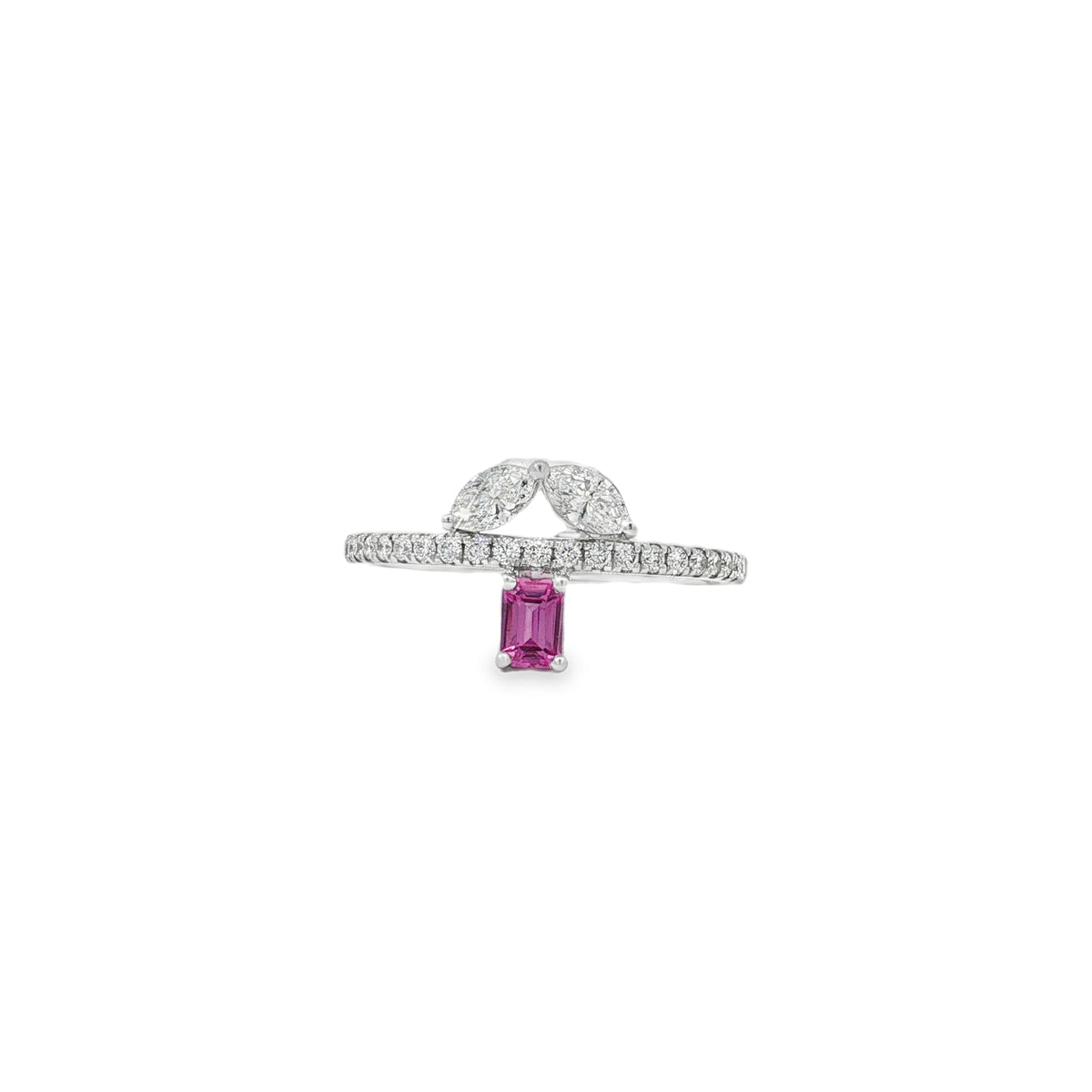 White gold ring with rectangular pink sapphire and paired marquise diamond petals