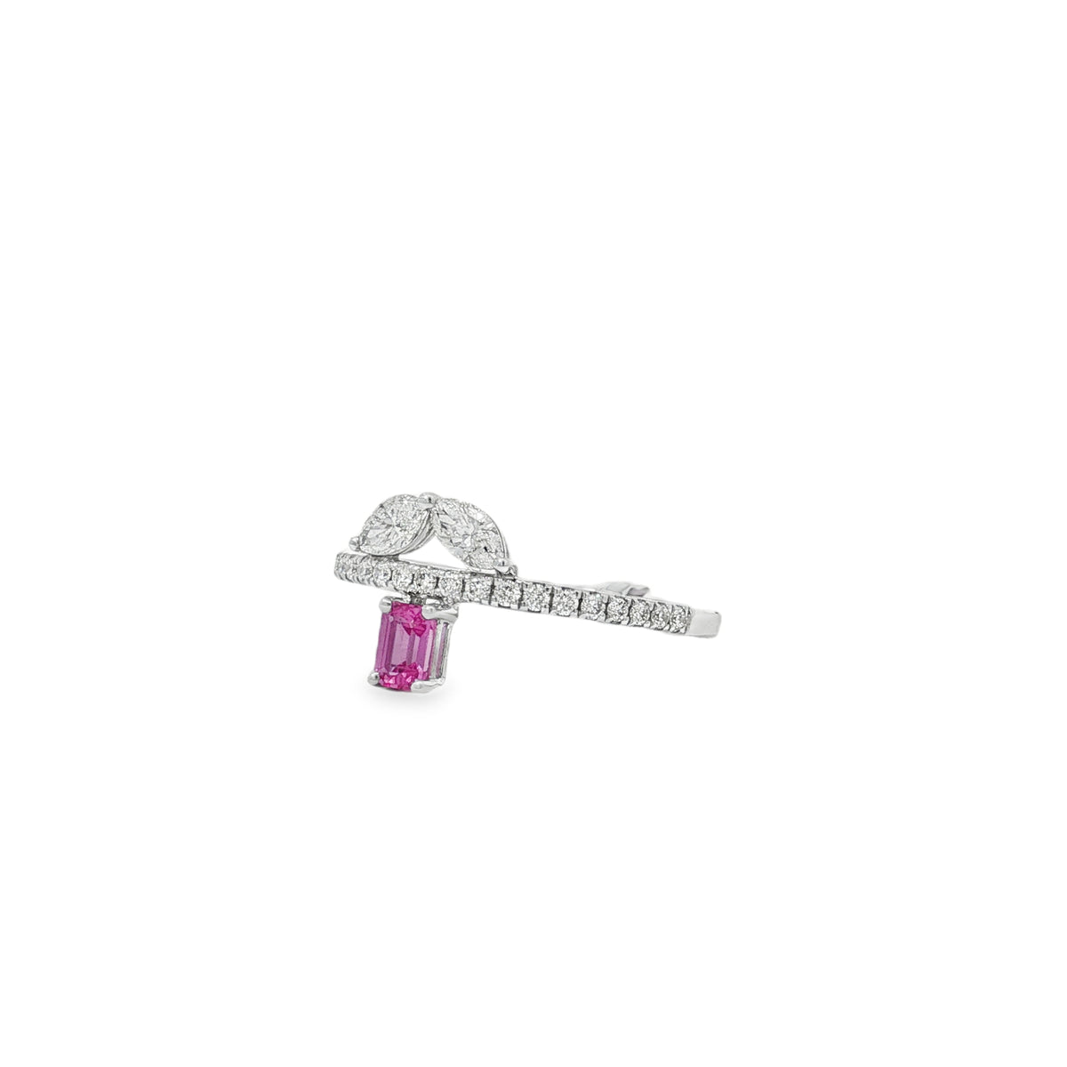 Angled view of rectangular pink sapphire ring showing paired marquise diamonds above the band