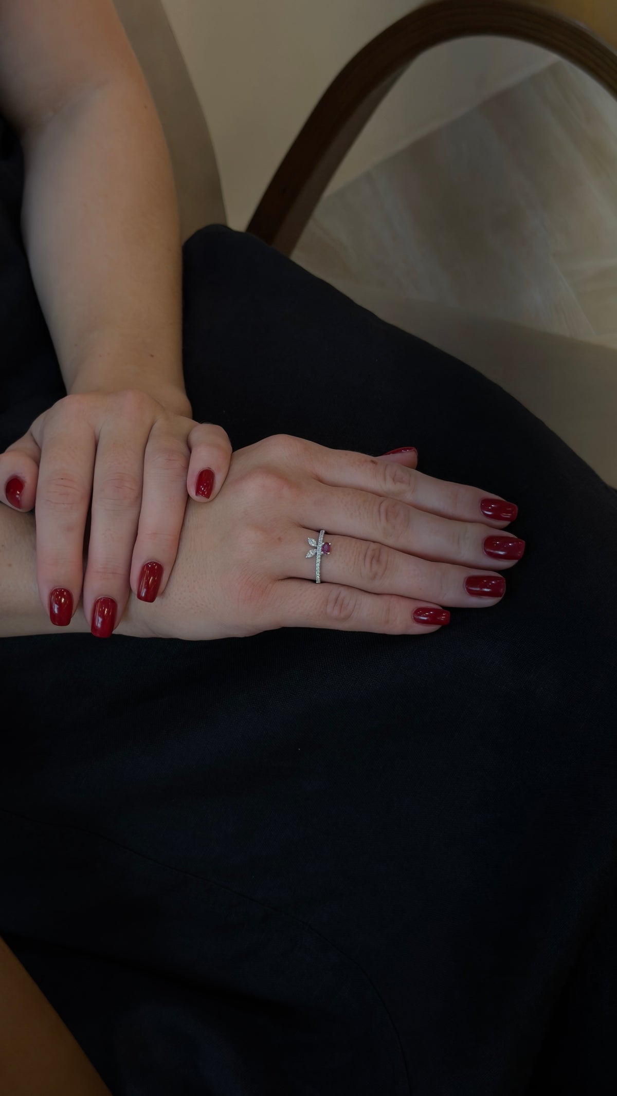 Graceful Ruby Oval Diamond Leaf Ring - additional view