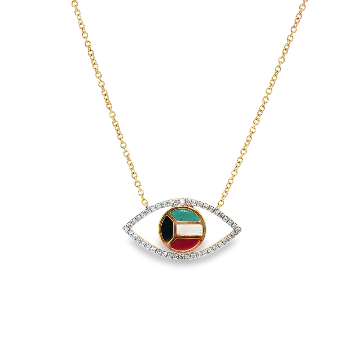 Yellow gold eye-shaped diamond necklace with circular Kuwait flag centre