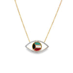 Yellow gold eye-shaped diamond necklace with circular Kuwait flag centre